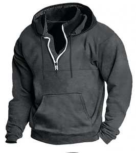 Detail of men's charcoal grey half-zip hoodie with drawstring hood and kangaroo pocket
