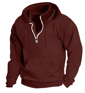 Detail view of burgundy men hoodie with half-zip closure and white contrast trim