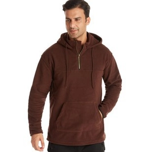 Felpa da uomo in pile marrone con mezza zip, cappuccio con coulisse e grande tasca frontale