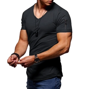 Maglietta da Uomo Slim Fit con Scollo a V in Misto Cotone con Tasca a Cerniera sul Braccio Top Estivo Tinta Unita Casual Urban