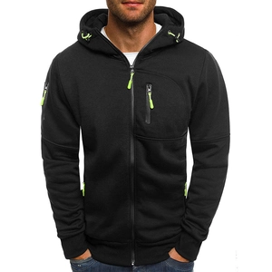 Felpa con cappuccio nera da uomo con cerniere verde neon e tasche tattiche sulla manica