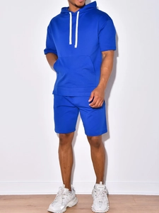 Set tuta da uomo blu reale con felpa con cappuccio a maniche corte per sport e fitness