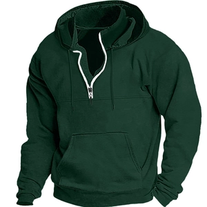 Men's dark green hooded sweatshirt with quarter zipper, kangaroo pocket and drawstring hood