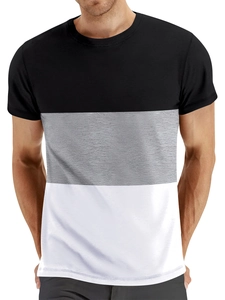 Vue de face du t-shirt col rond pour homme avec design blocs de couleurs noir, gris et blanc