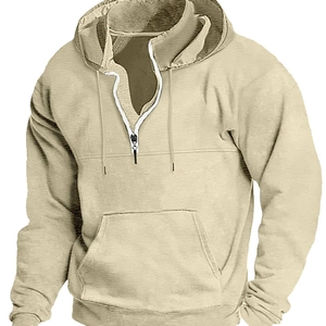 Men's casual hoodie with quarter zip, drawstring hood and kangaroo pocket in beige