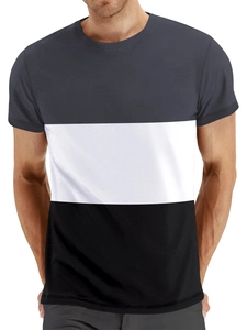 T-shirt homme à col rond avec un design moderne tricolore en blocs gris blanc et noir élégant