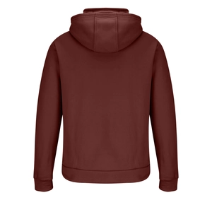 Detailansicht der weinroten Kapuzenpullover-Rückseite mit Rippbündchen und dickem Baumwollstoff