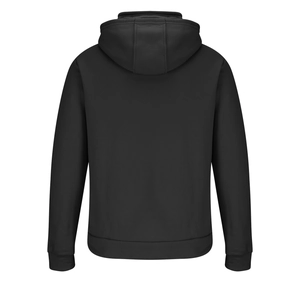 Detailansicht der schwarzen Hoodie-Rückseite mit Kapuzenstruktur und Rippbündchen am Saum