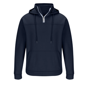 Detailansicht des dunkelblauen Hoodies mit halbem Reißverschluss und weißem Kontrast