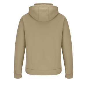 Detailansicht der Rückseite des khakifarbenen Hoodies mit Rippbündchen und Kapuzendesign