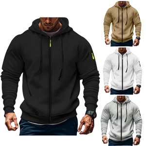 Detail of men's slim hoodie featuring a contrast zippered sleeve pocket and drawstring hood