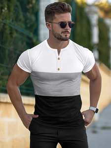 Ανδρική καλοκαιρινή μπλούζα Henley slim fit με κομψό σχέδιο τριχρωμίας