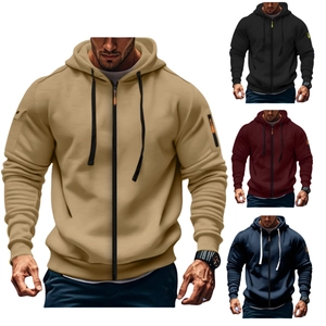 Detail view of four casual hoodies featuring zip pockets, sleeve badges, and ribbed cuffs