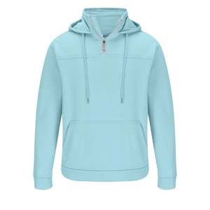 Detailaufnahme von hellblauem Kapuzenpullover mit Viertelreißverschluss und Rippbündchen