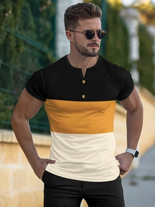 Ανδρική μπλούζα Henley με κοντό μανίκι και σχέδιο color block σε μαύρο πορτοκαλί κρεμ