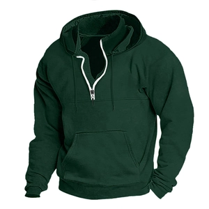 Dunkelgrüner Herren Kapuzenpullover mit Halbreißverschluss und Kängurutasche vorne
