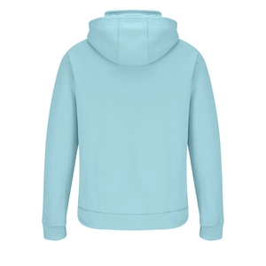 Rückansicht eines hellblauen Kapuzenpullovers mit Rippbündchen und Saumdetails