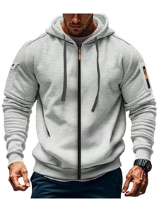 Men's light grey hooded zip-up sweatshirt with sleeve pocket and orange zipper detail