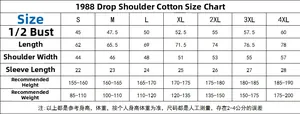Size chart for cotton drop-shoulder T-shirt with chest, length, and weight measurements