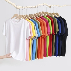 Detail view of colorful combed cotton t-shirts in twelve vibrant shades with ribbed collars