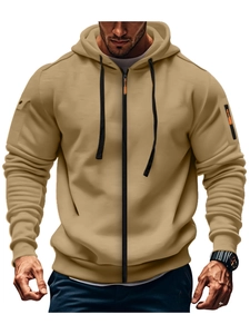 Detailed view of khaki zip-up hoodie featuring utility sleeve pocket and ribbed cuffs