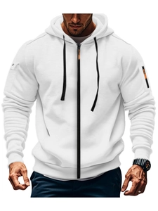 Detail of white men's hoodie showing orange zipper puller and sleeve zipper pocket