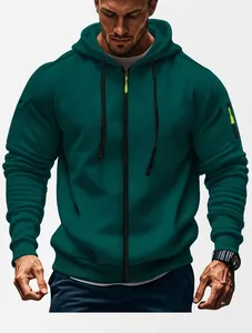 Men's slim fit dark teal zip-up hoodie with sleeve pocket and neon yellow detail