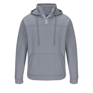 Nahaufnahme von grauem Herren Hoodie mit silbernem Halbreißverschluss und Kängurutasche