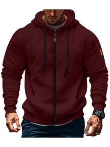 Men's dark red zip-up hoodie with sleeve zipper pocket and ribbed cuffs in a sporty fit