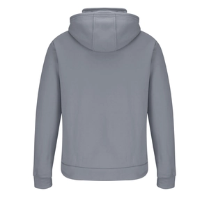 Rückansicht des grauen Oversized-Hoodies mit überschnittenen Schultern und Rippbündchen