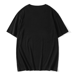 Detailed back view of a black 220G combed cotton short sleeve T-shirt with a round neck