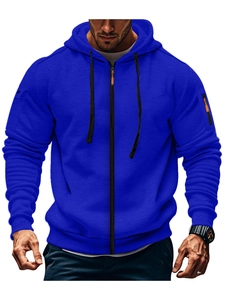 Royal blue men's zip-up hoodie with pleated sleeves and sporty athletic design