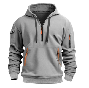 Herren Hoodie in Grau mit halbem Grau mit halbem Reißverschluss, orangen Akzenten und Taschen