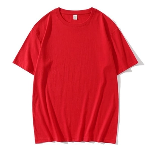 Detail of red crew neck cotton T-shirt with M size label and smooth fabric texture