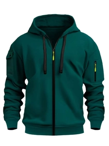 Men's dark teal zip-up hoodie with tactical pockets and neon green accents
