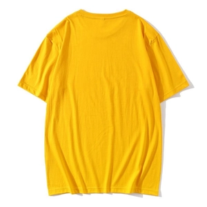 Detailed back view of bright yellow crewneck t-shirt with reinforced ribbing and stitching