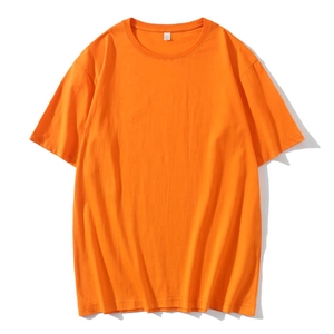 Detailed flat lay of bright orange 220G combed cotton crew neck t-shirt for men