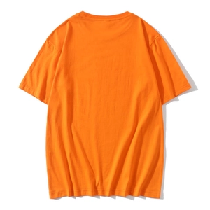 Flat lay back view of vibrant orange crew neck cotton t-shirt for men on white background