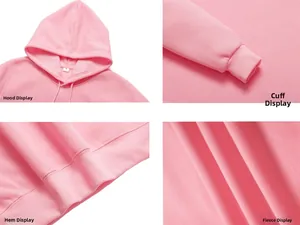 Detailed views of pink hoodie showing drawstring hood, ribbed cuffs, and warm fleece lining