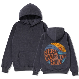 Detail of loose dark grey hoodie with Here Comes The Sun retro back print and front pocket