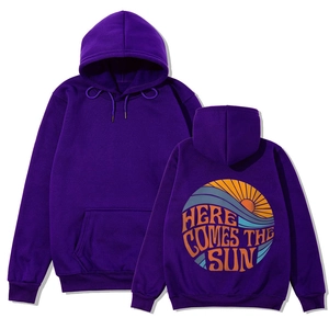 Detail of purple oversized hoodie featuring vintage sun back print and pouch pocket