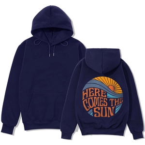 Detail of navy hoodie back print with retro sun and waves and large kangaroo pocket