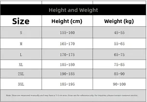 Detailed size chart for men's fleece tracksuit showing height and weight measurements