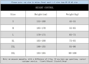 Detailed men's sportswear size chart showing height and weight recommendations from S to 3XL