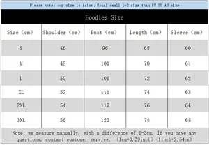 Detailed size chart for men's hooded tracksuit fleece hoodies from size S up to 3XL
