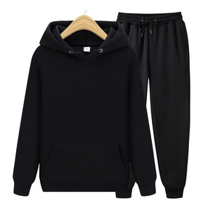 Men's black hooded tracksuit set with fleece sweatshirt and jogger pants on white background