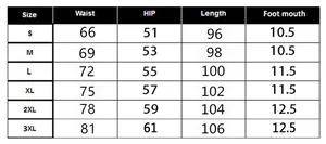 Detailed size chart for men sport pants showing waist, hip, and length measurements