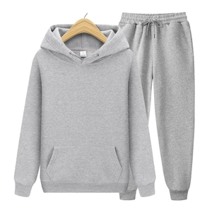 Detailed view of light gray fleece hooded tracksuit with kangaroo pocket and drawstring pants