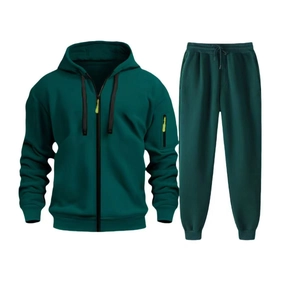 Detail of deep pine green men's zip-up hoodie and matching joggers with pocket