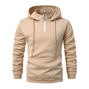 Khaki men's half-zip hoodie with white contrast zipper and kangaroo pocket